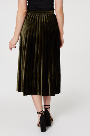 Dark Green | High Waist Pleated Midi Skirt