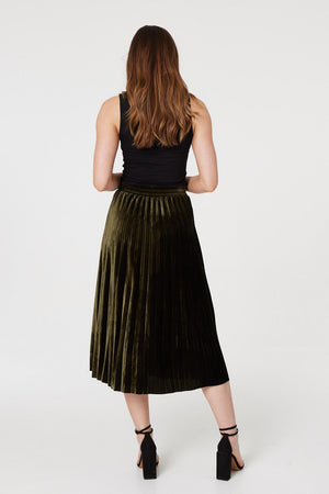 Dark Green | High Waist Pleated Midi Skirt