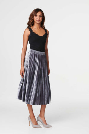 Silver | High Waist Pleated Midi Skirt