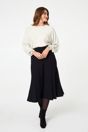 Black | High Waist Pleated Knit Midi Skirt

