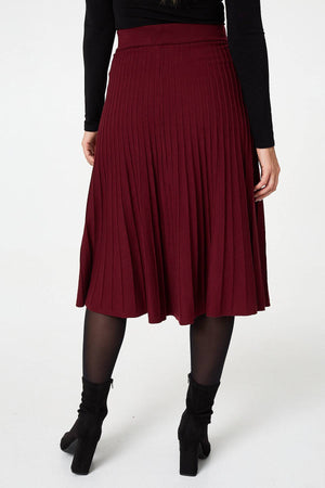 Red | High Waist Pleated Knit Midi Skirt
