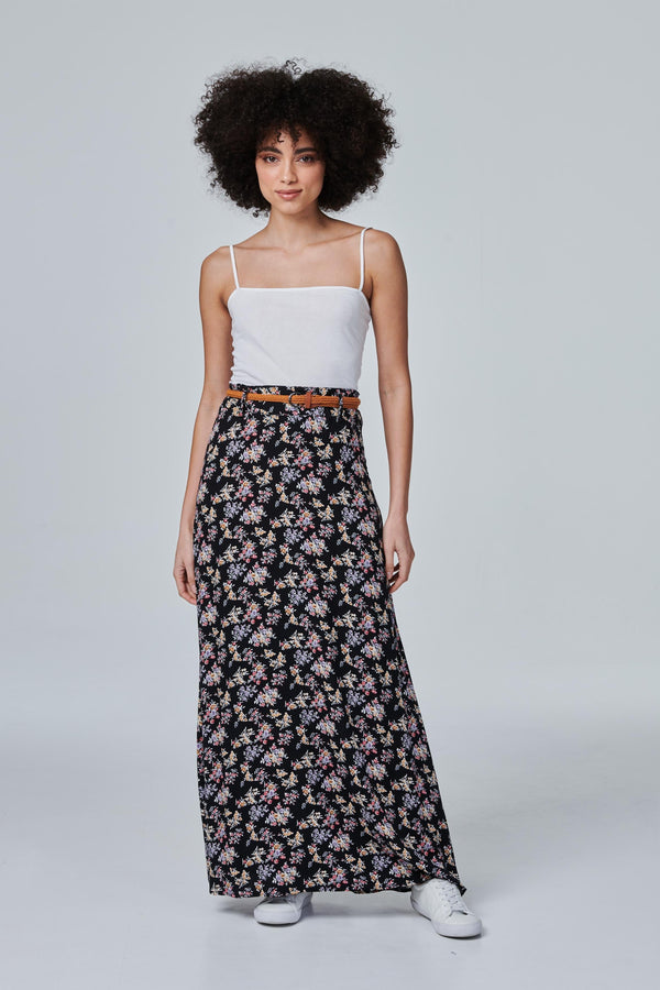 Black | Ditsy Floral Ankle Length Skirt