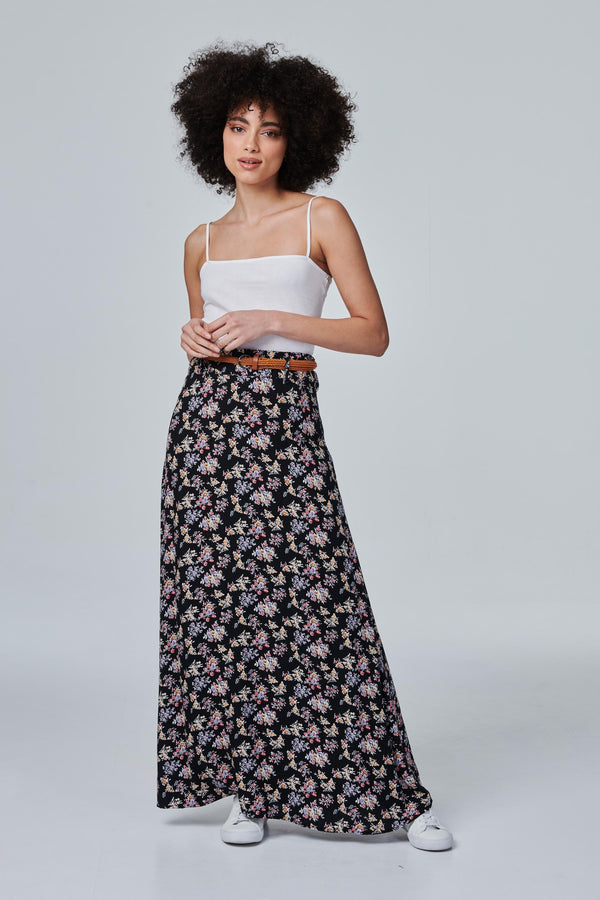 Black | Ditsy Floral Ankle Length Skirt