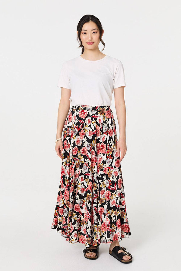 Orange | Floral High Waist A-Line Maxi Skirt
