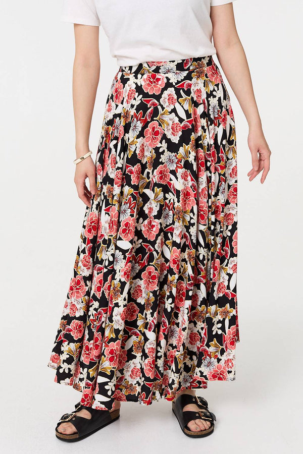 Orange | Floral High Waist A-Line Maxi Skirt
