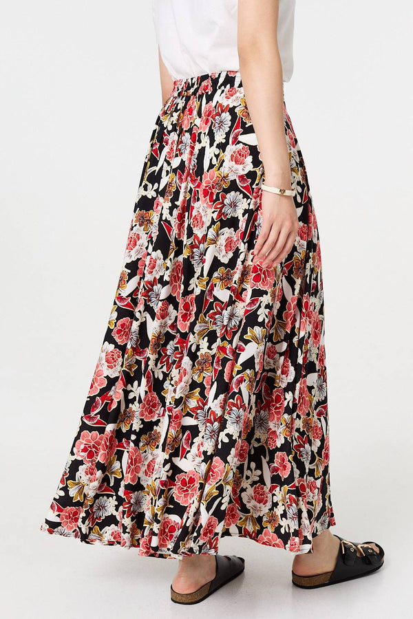 Orange | Floral High Waist A-Line Maxi Skirt
