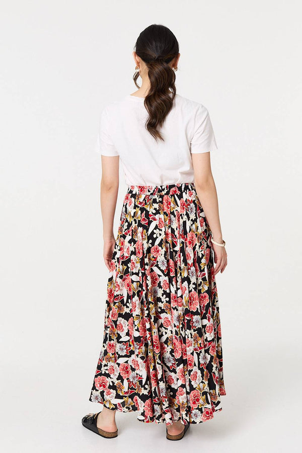 Orange | Floral High Waist A-Line Maxi Skirt
