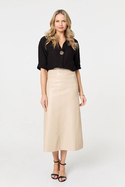 Beige | Faux Leather High Waist Midi Skirt : Model is 5'10"/178 cm and wears UK10/EU38/US6/AUS10