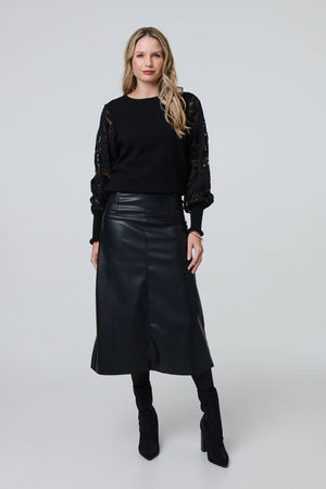 Black | Faux Leather High Waist Midi Skirt : Model is 5'10