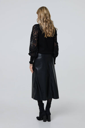 Black | Faux Leather High Waist Midi Skirt
