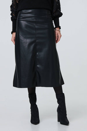 Black | Faux Leather High Waist Midi Skirt
