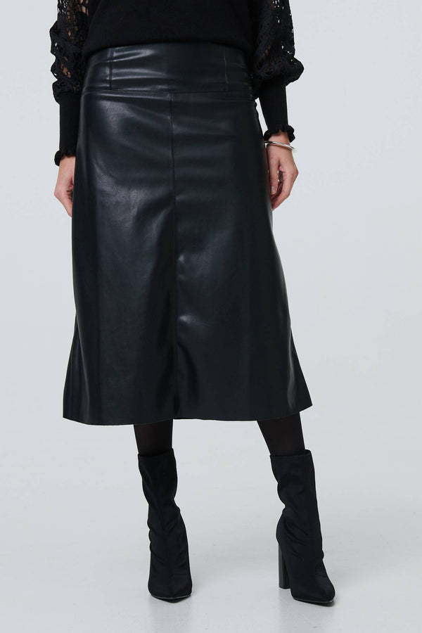 Black | Faux Leather High Waist Midi Skirt
