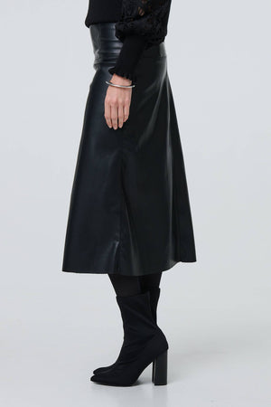Black | Faux Leather High Waist Midi Skirt
