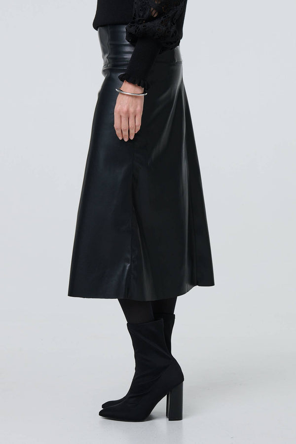 Black | Faux Leather High Waist Midi Skirt
