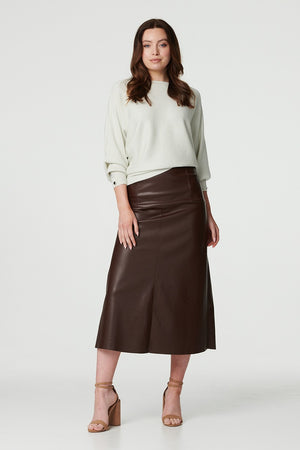 Brown | Faux Leather High Waist Midi Skirt : Model is 5'9
