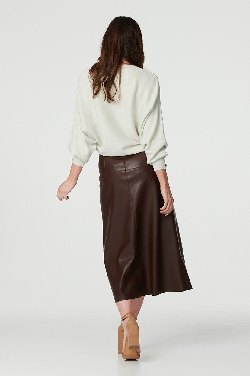 Brown | Faux Leather High Waist Midi Skirt