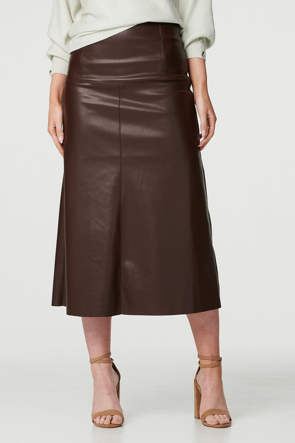 Brown | Faux Leather High Waist Midi Skirt