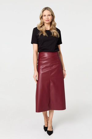 Burgundy | Faux Leather High Waist Midi Skirt : Model is 5'10
