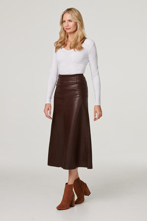 Brown | Faux Leather High Waist Midi Skirt : Model is 5'10