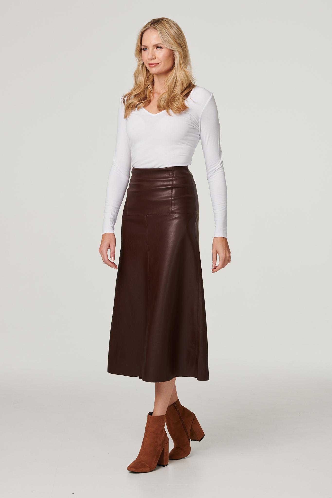 Brown | Faux Leather High Waist Midi Skirt : Model is 5'10"/178 cm and wears UK10/EU38/US6/AUS10