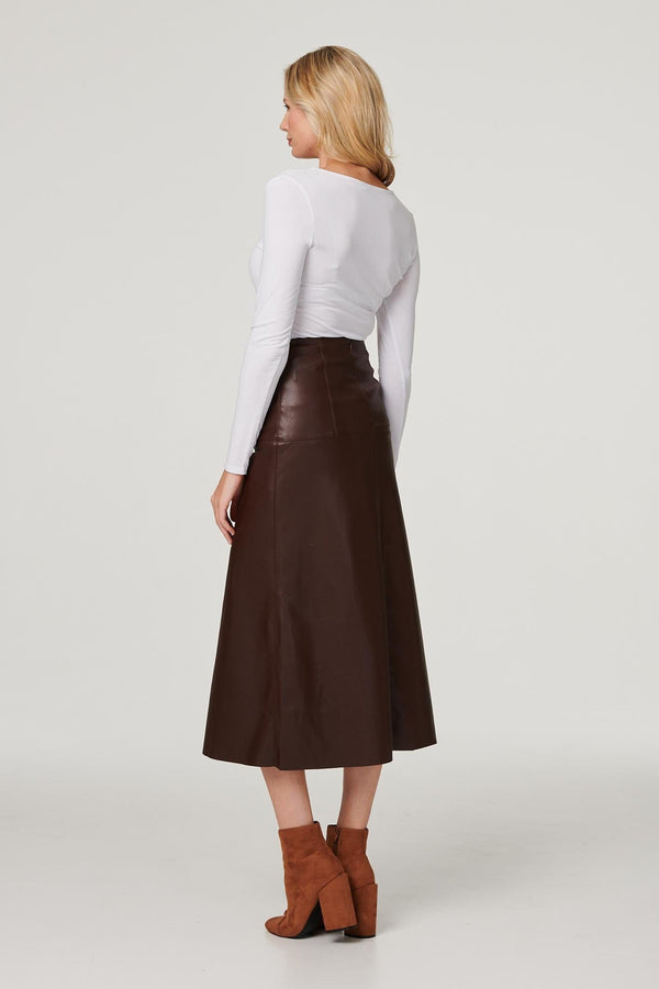 Brown | Faux Leather High Waist Midi Skirt