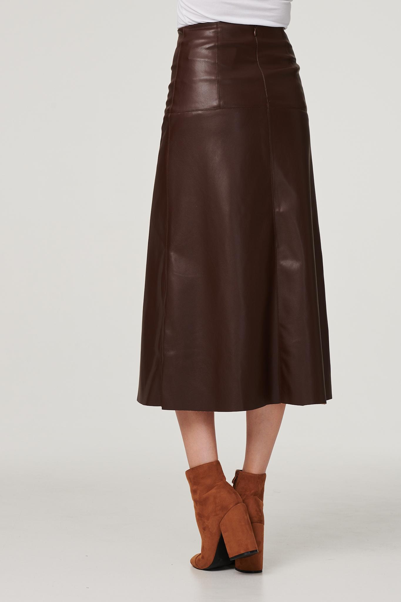 Brown | Faux Leather High Waist Midi Skirt
