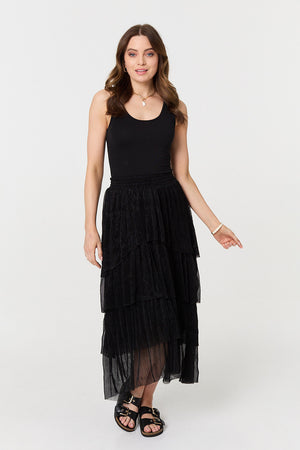 Black | Metallic Textured Tiered Midi Skirt
