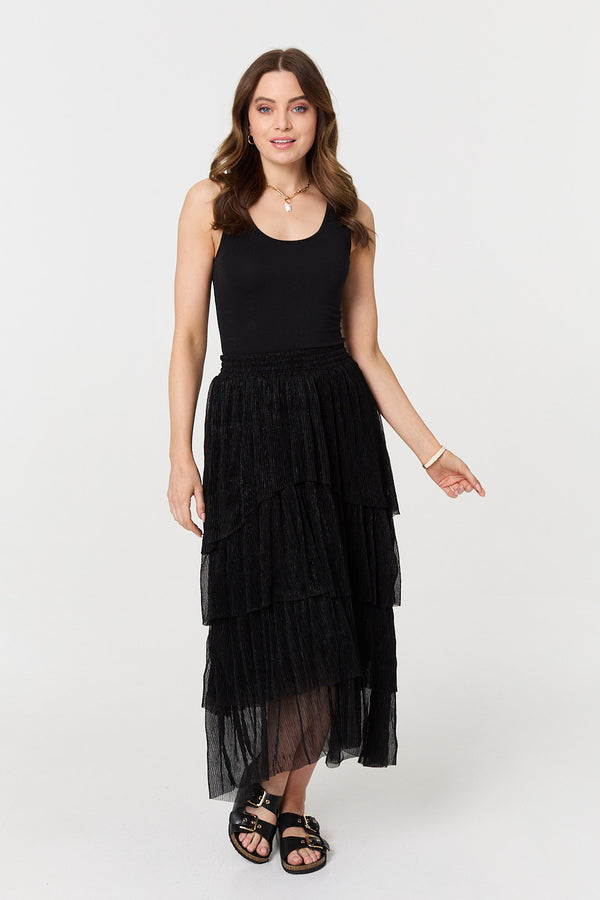 Black | Metallic Textured Tiered Midi Skirt
