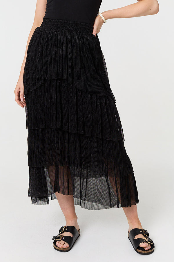 Black | Metallic Textured Tiered Midi Skirt
