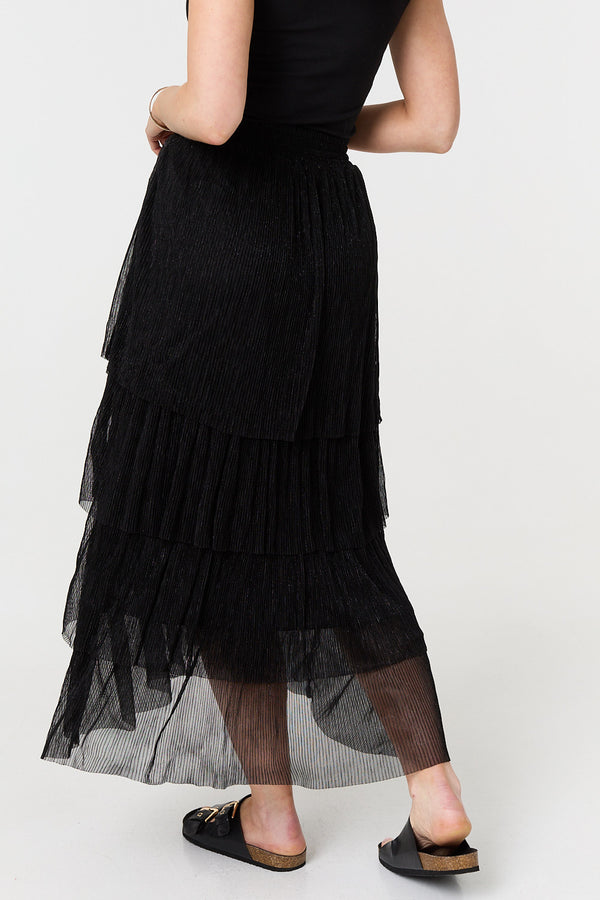 Black | Metallic Textured Tiered Midi Skirt
