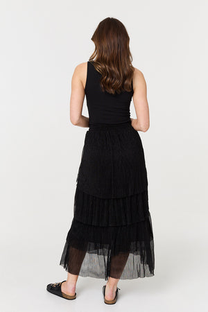 Black | Metallic Textured Tiered Midi Skirt
