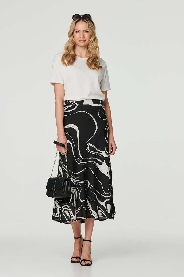 Black | Printed High Waist A-Line Midi Skirt