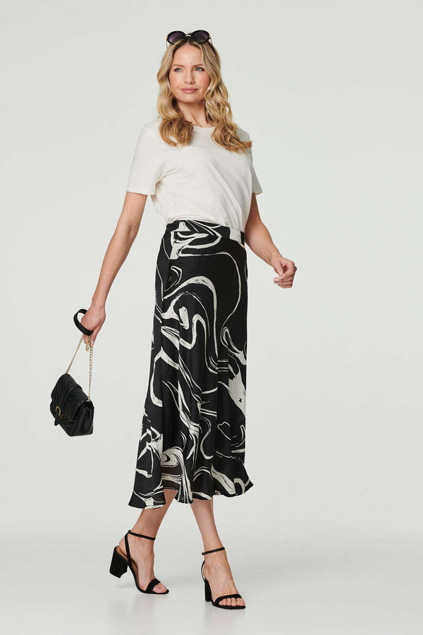Black | Printed High Waist A-Line Midi Skirt