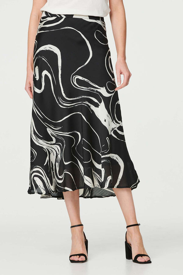 Black | Printed High Waist A-Line Midi Skirt