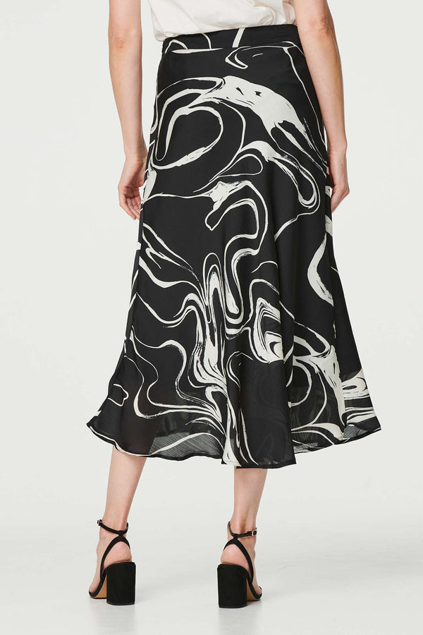 Black | Printed High Waist A-Line Midi Skirt
