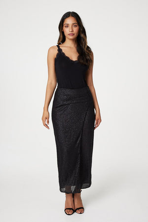 Black | Sequin High Waist Wrap Skirt : Model is 5'7.5"/171 cm and wears UK8/EU36/US4/AUS8