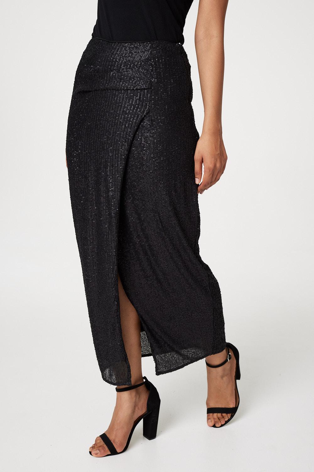 Black | Sequin High Waist Wrap Skirt