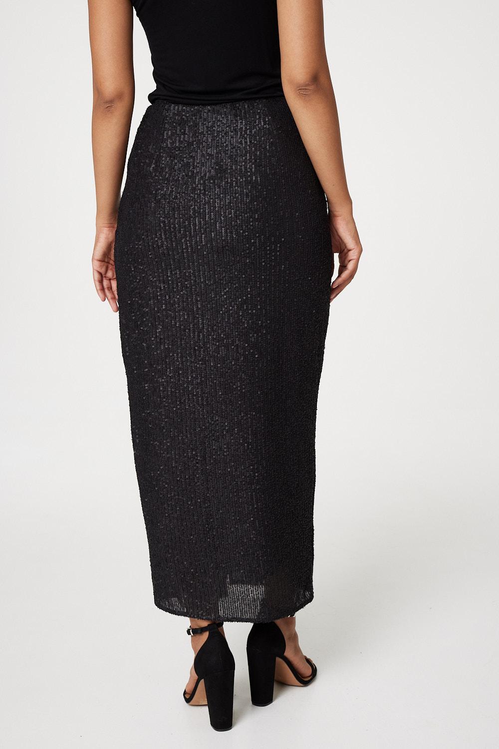 Black | Sequin High Waist Wrap Skirt
