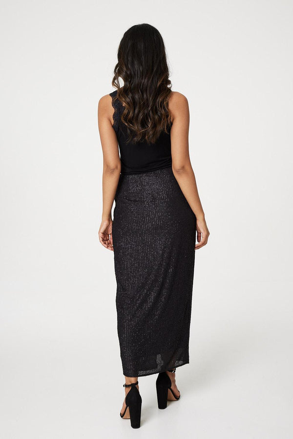 Black | Sequin High Waist Wrap Skirt