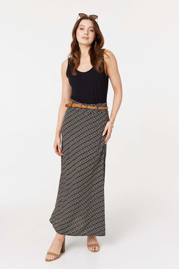 Black | Printed A-Line Belt Maxi Skirt