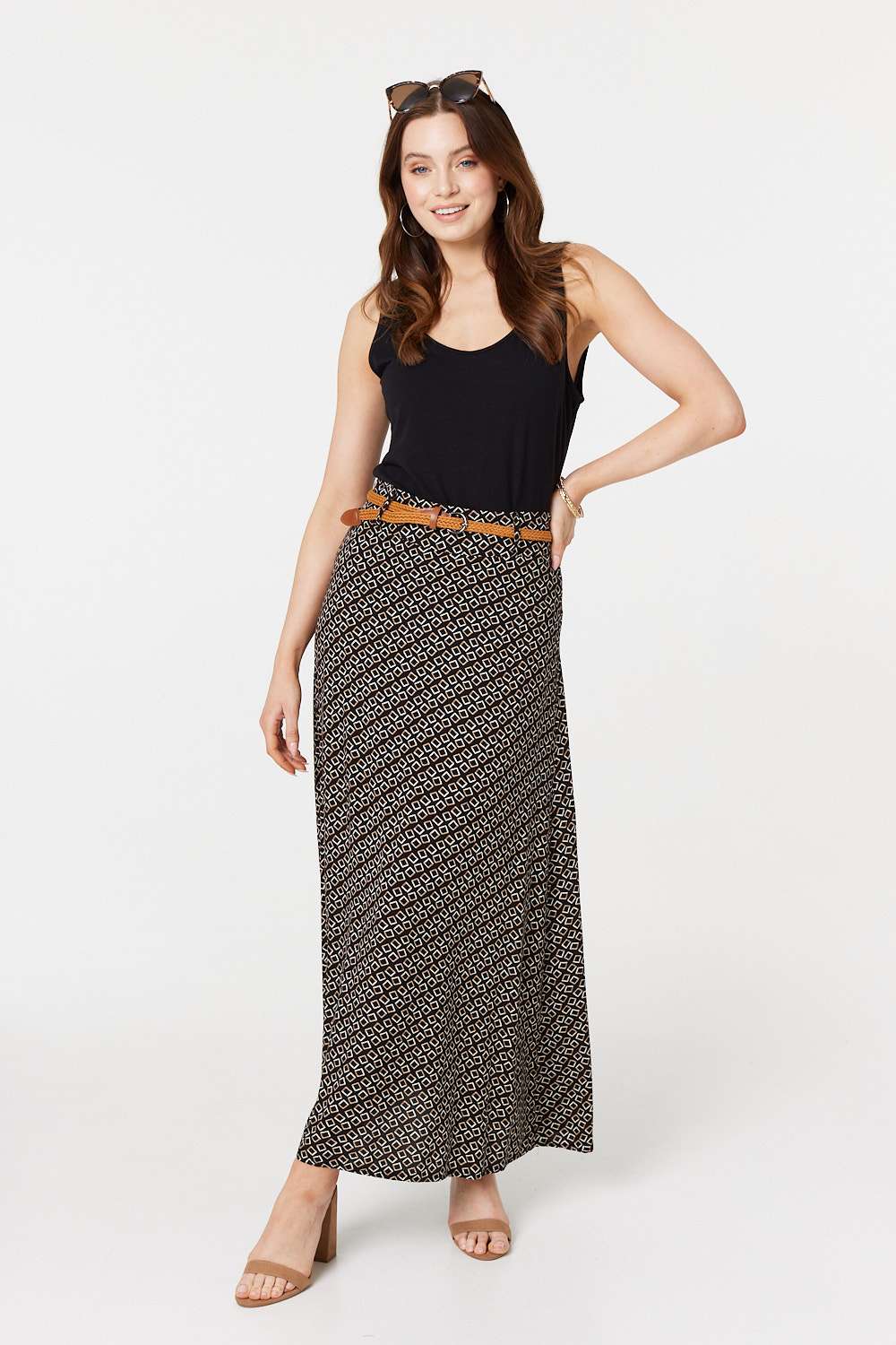 Printed A-Line Belt Maxi Skirt | Izabel London
