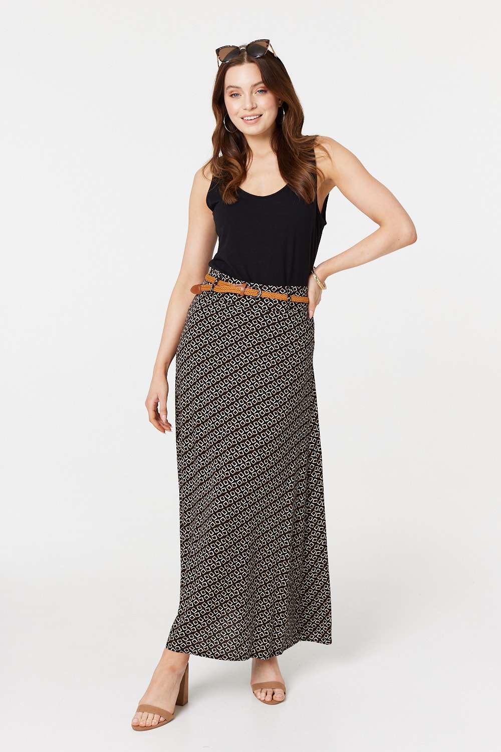 Black | Printed A-Line Belt Maxi Skirt