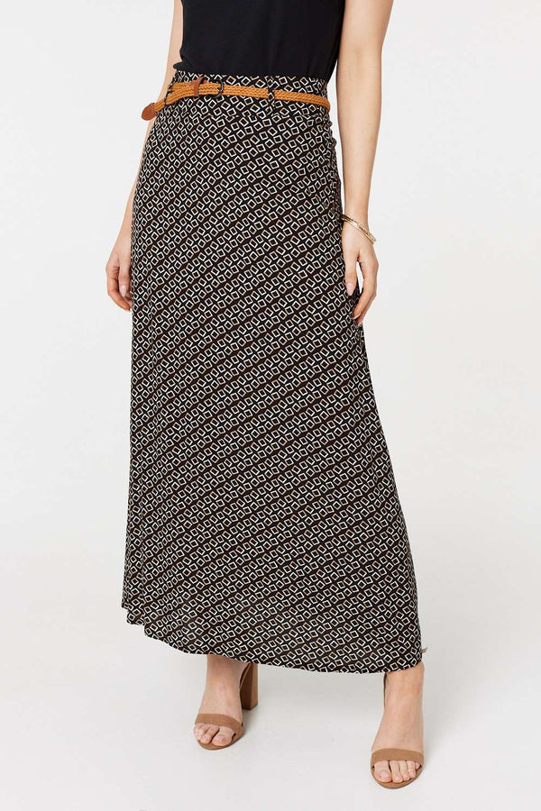 Black | Printed A-Line Belt Maxi Skirt