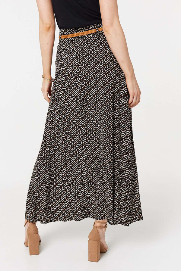 Black | Printed A-Line Belt Maxi Skirt