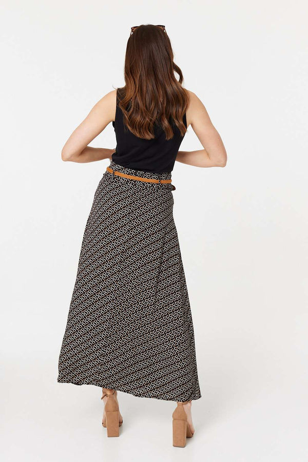 Black | Printed A-Line Belt Maxi Skirt