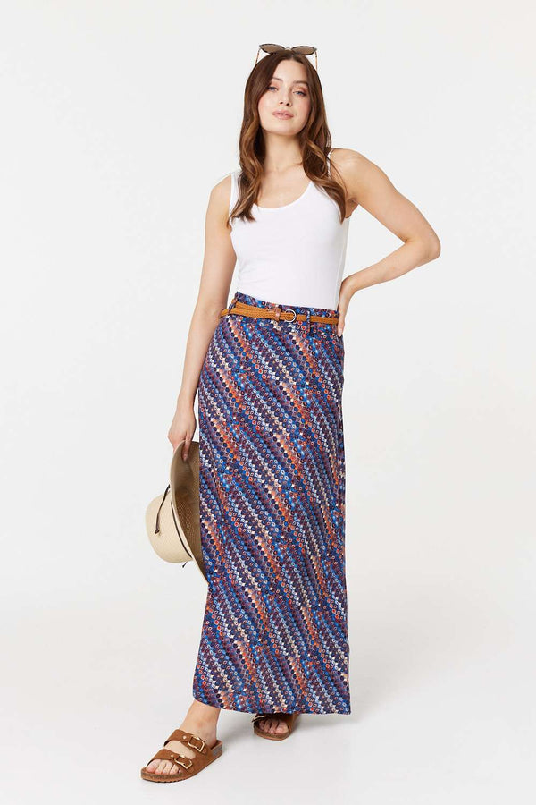 Navy | Printed Belt Detail Maxi Skirt