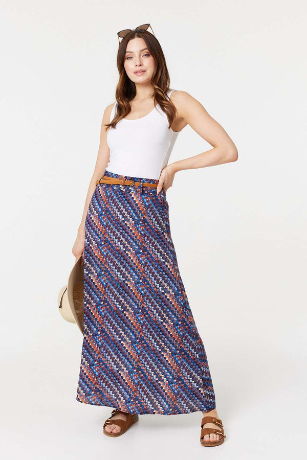 Navy | Printed Belt Detail Maxi Skirt