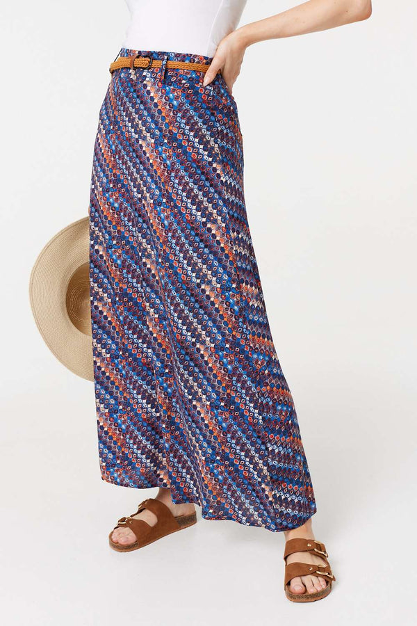 Navy | Printed Belt Detail Maxi Skirt