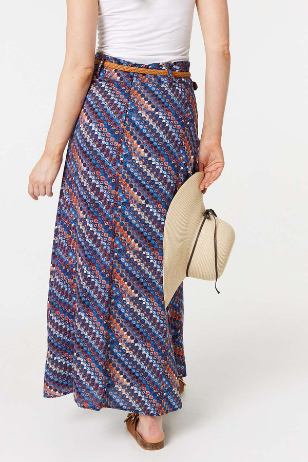 Navy | Printed Belt Detail Maxi Skirt