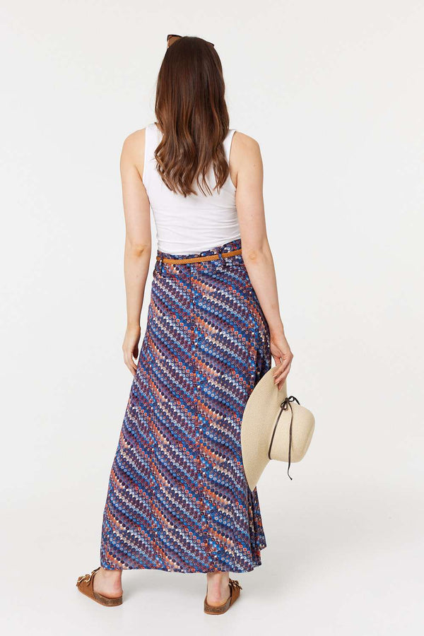 Navy | Printed Belt Detail Maxi Skirt